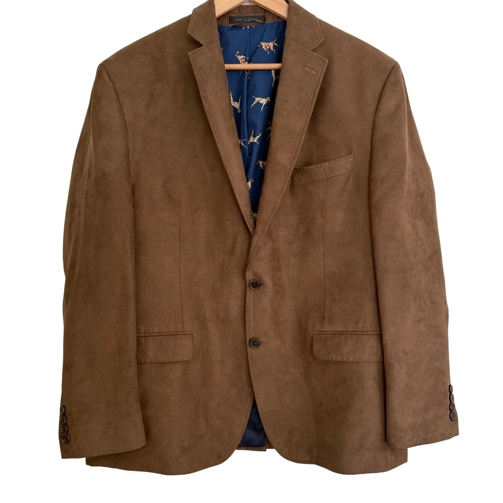 Lauren Ralph Lauren Men's Suede Blazer Brown Dog Print Lining Sz 44R Equestrian - Picture 1 of 9